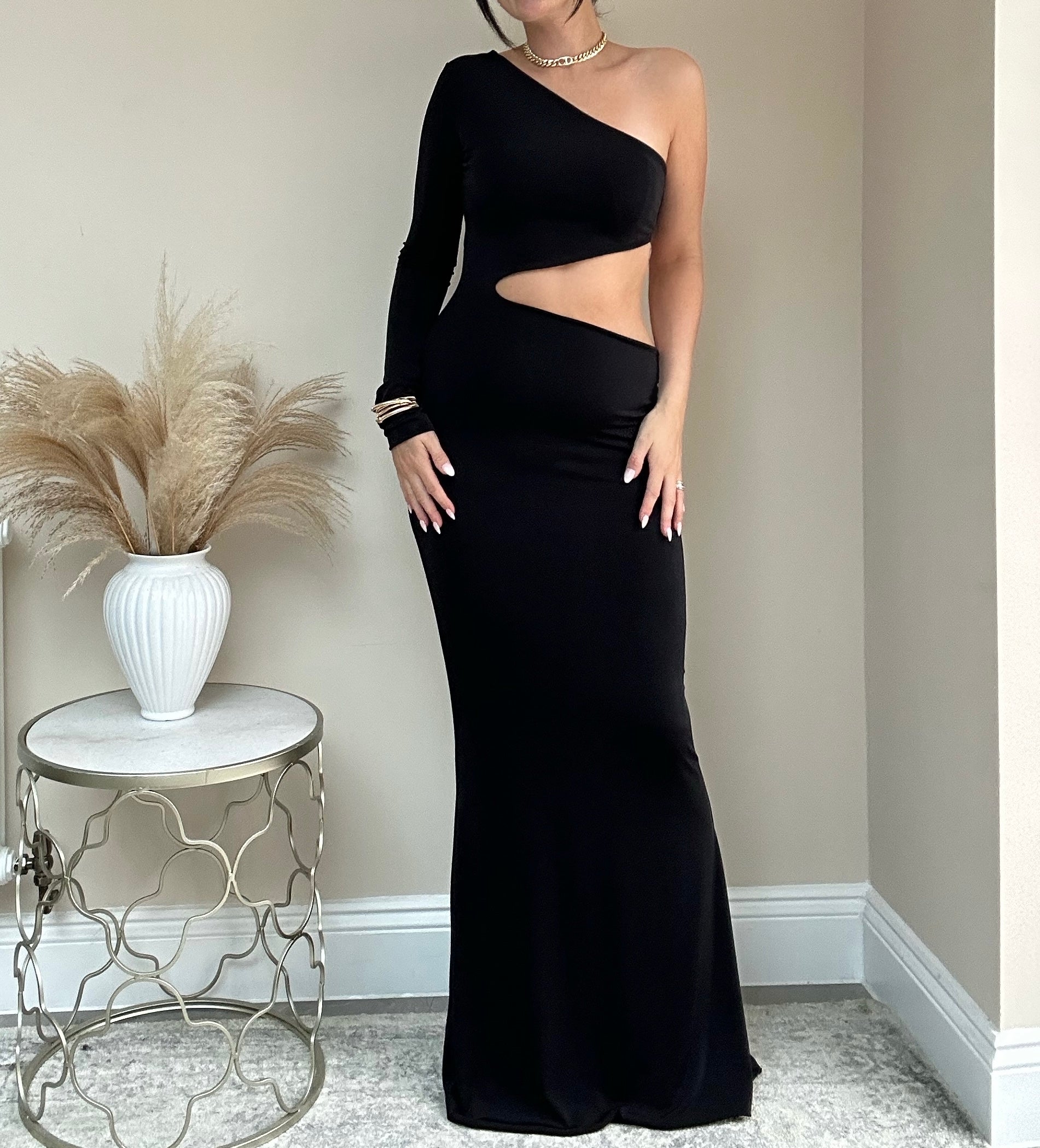black and silver cut out dress One Shoulder Embellished Cut Out Dress 34011